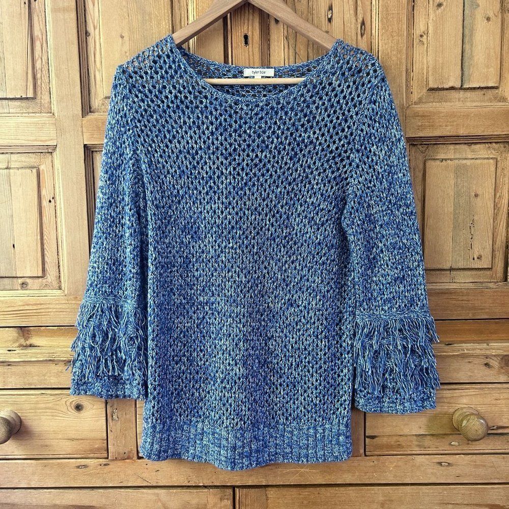 Tyler Boe‎ Blue White Open Knit Fringe Sleeve Sweater Womens Size 8